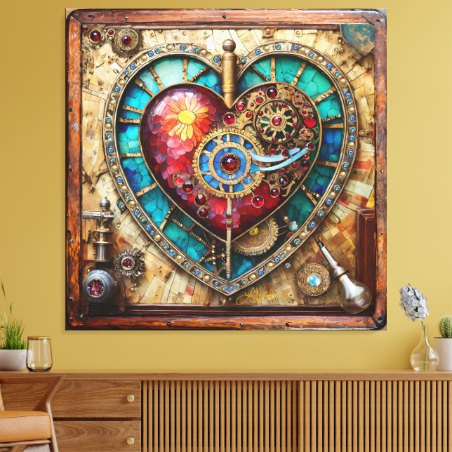 Sunflower Stained Glass Heart Steampunk Series Leinwanddruck (Insitu (Wohnzimmer))