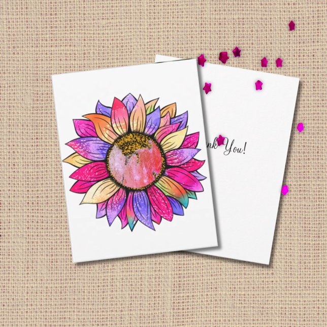 Sunflower Summer Floral Party Pink & Purple Dankeskarte (Von Creator hochgeladen)