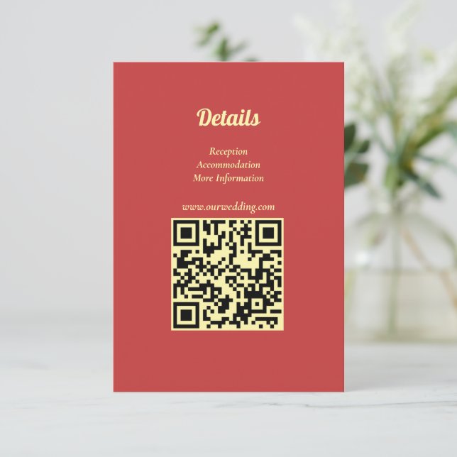 Sunflower Summer Gold Red Wedding QR Code Begleitkarte (Stehend Vorderseite)