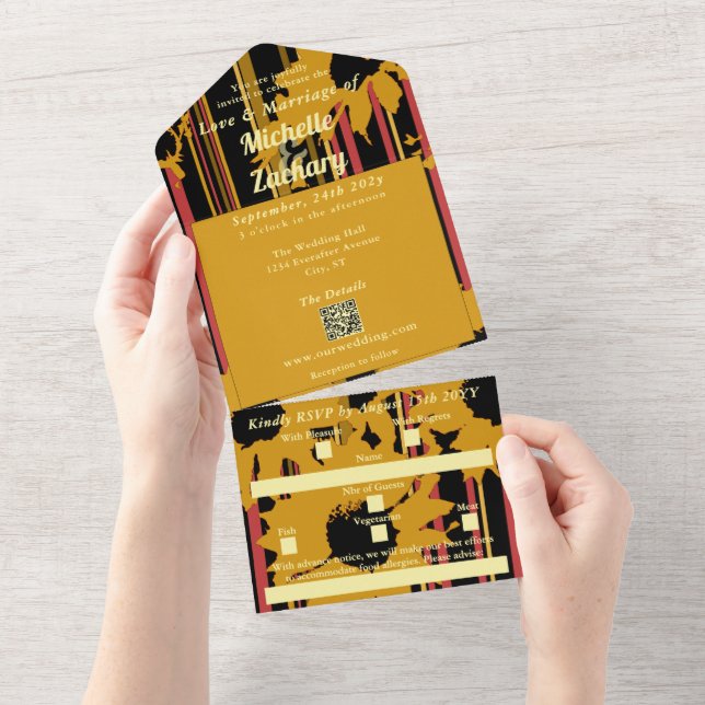 Sunflower Sunset Coral Gold Modern Wedding All In One Einladung (Abreißen)