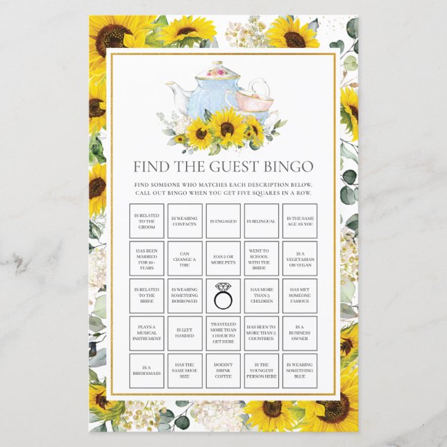 Sunflower Tea Party Bridal Gast Bingo (Vorderseite)