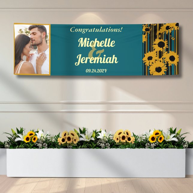 Sunflower Teal Blue Gold Modern Wedding Banner (Von Creator hochgeladen)