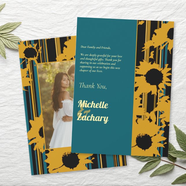Sunflower Teal Blue Gold Modern Wedding Dankeskarte (Von Creator hochgeladen)