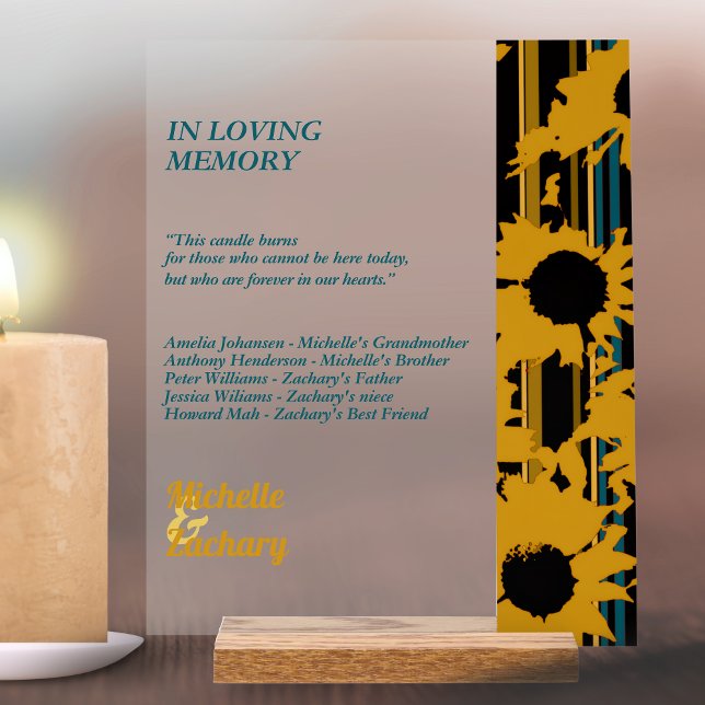 Sunflower Teal Blue Gold Modern Wedding Memorial  Acrylschild (Von Creator hochgeladen)