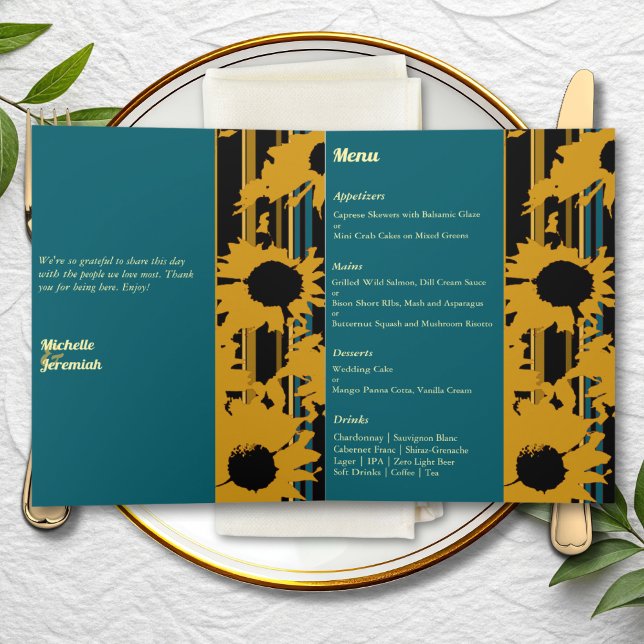 Sunflower Teal Blue Gold Modern Wedding Menu Karte (Von Creator hochgeladen)