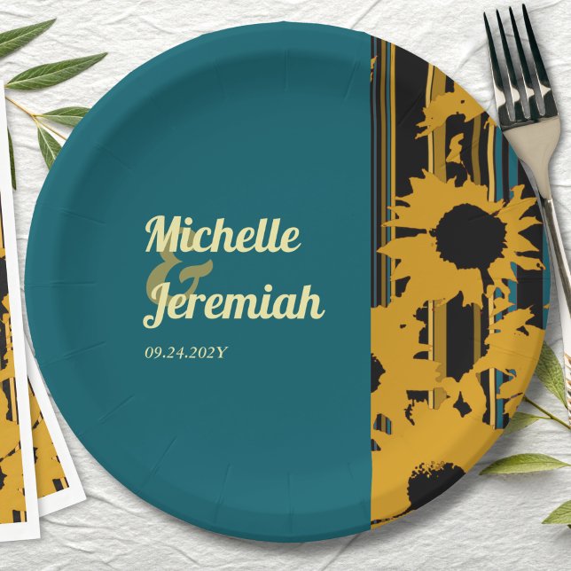 Sunflower Teal Blue Gold Modern Wedding Pappteller (Von Creator hochgeladen)