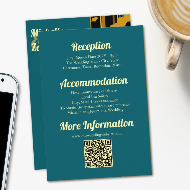 Sunflower Teal Blue Gold Modern Wedding QR Code  Begleitkarte (Von Creator hochgeladen)