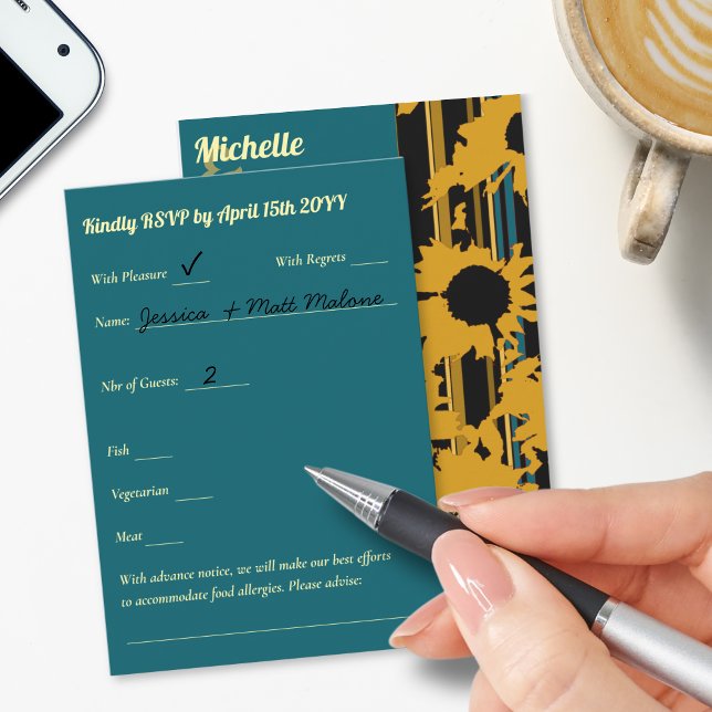 Sunflower Teal Blue Gold Modern Wedding RSVP Karte (Von Creator hochgeladen)
