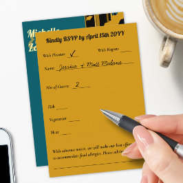 Sunflower Teal Blue Gold Modern Wedding RSVP Karte