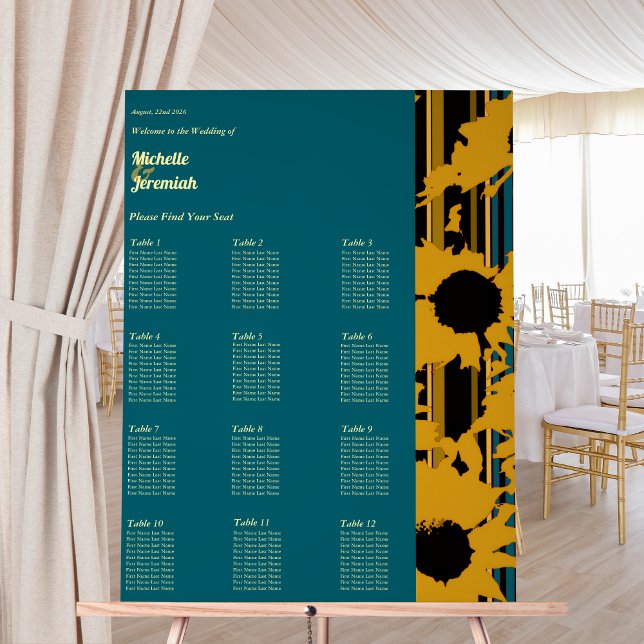 Sunflower Teal Blue Gold Modern Wedding Seat Chart Acrylschild (Von Creator hochgeladen)
