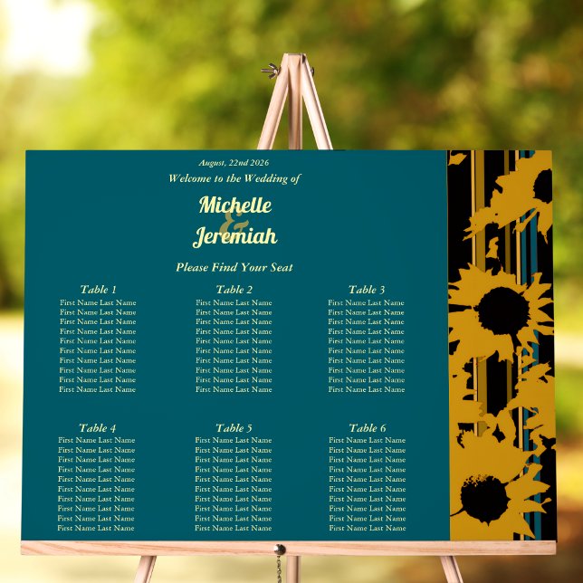 Sunflower Teal Blue Gold Modern Wedding Seat Chart Acrylschild (Von Creator hochgeladen)