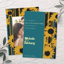 Sunflower Teal Blue Gold Wedding Photo Save The Date
