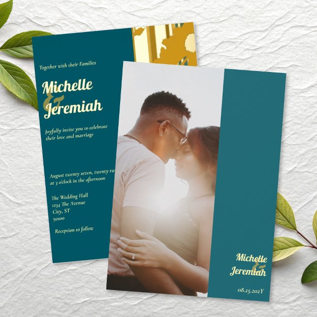 Sunflower Teal Blue Modern Wedding Gold Folieneinladung (Von Creator hochgeladen)