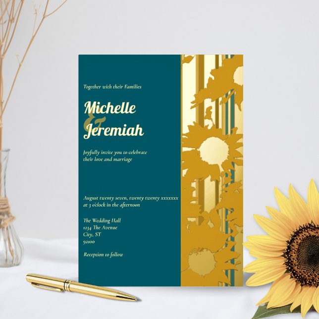 Sunflower Teal Blue Modern Wedding Gold Folieneinladung (Von Creator hochgeladen)
