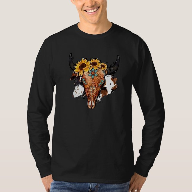 Sunflower Turquoise Boho Bull Skull Rodeo Western  T-Shirt (Vorderseite)
