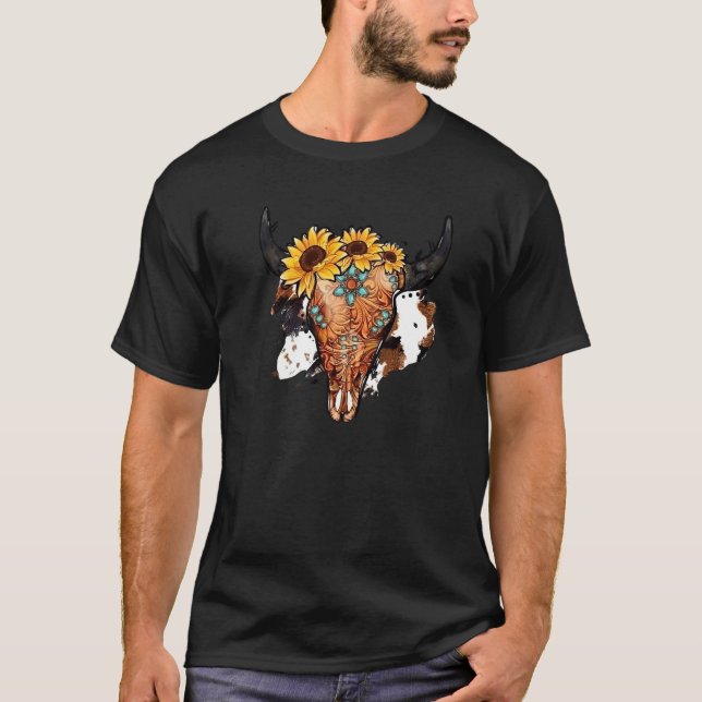 Sunflower Turquoise Boho Bull Skull Rodeo Western  T-Shirt (Vorderseite)