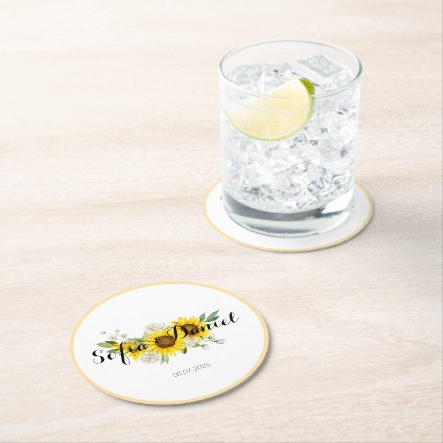 Sunflower watercolor white rose wedding  runder pappuntersetzer (Vor Ort)