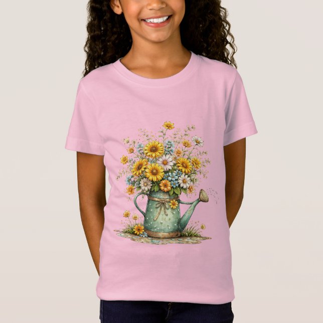 Sunflower Watering Can Floral Garden Art T-Shirt (Vorderseite)