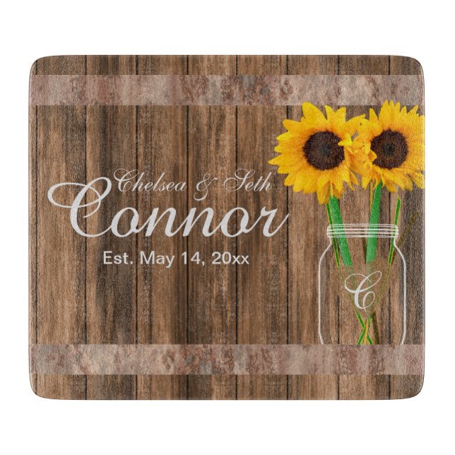 Sunflower Wedding Barn Wood Mason Jar Schneidebrett (Vorderseite)