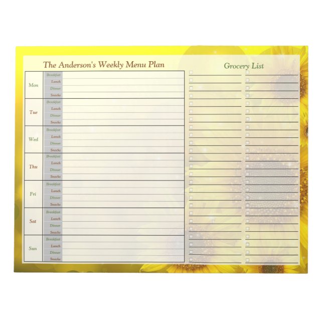 Sunflower Weekly Personalized Menu Plan Notepad Notizblock (Vorderseite)