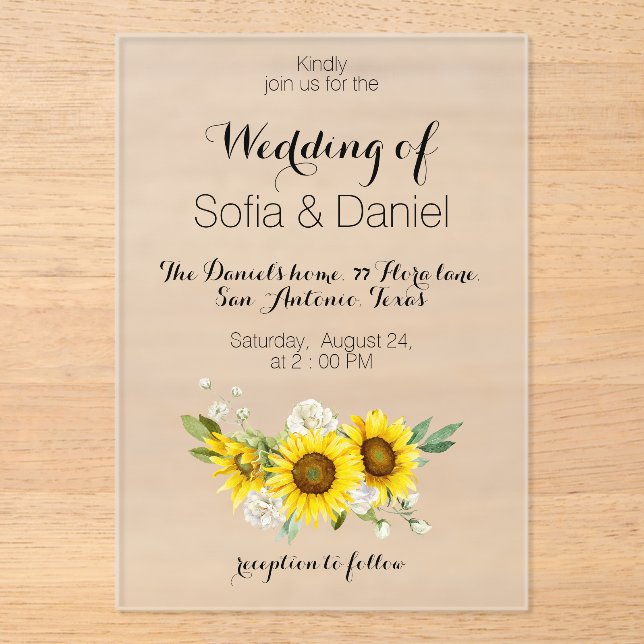 Sunflower white rose wedding Acrylic Invitation Acryleinladungen (Vorderseite)