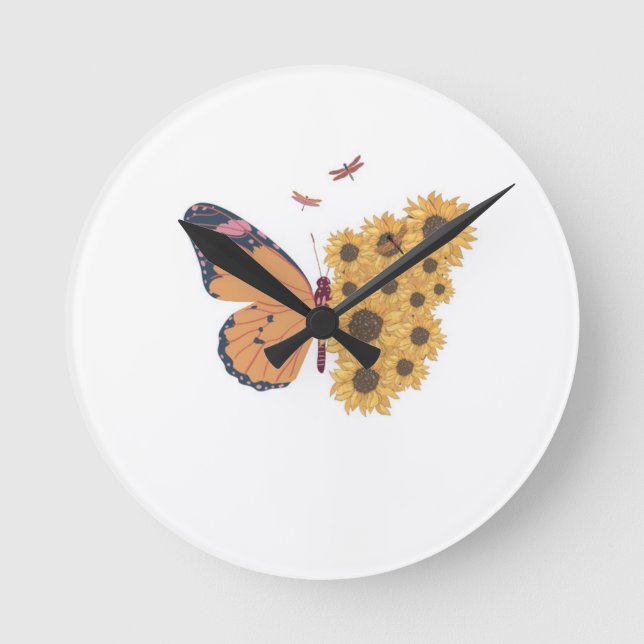 Sunflower Wings Timepiece – Butterfly Nature Wall  Runde Wanduhr (Vorderseite)
