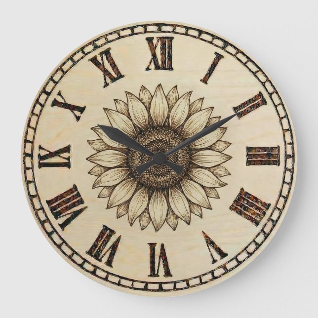 Sunflower Wood Burned Wall Clock Große Wanduhr (Vorderseite)