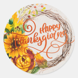 Sunflower Wreath Happy Thanksgiving Runder Aufkleber