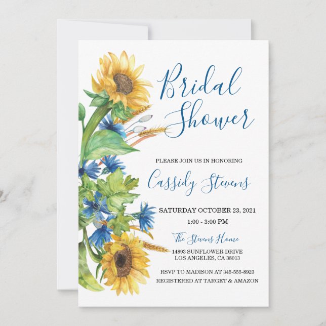 Sunflower Yellow Blue Floral Fall Bridal Shower Einladung (Vorderseite)