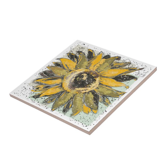 Sunflower Yellow Green Black Watercolor Style Art Fliese (Seite)