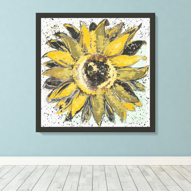 Sunflower Yellow Green Black Watercolor Style Art Leinwanddruck (Insitu (Holzboden))