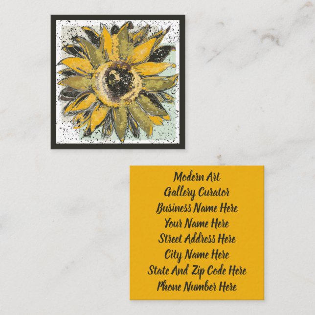 Sunflower Yellow Green Black Watercolor Style Art Quadratische Visitenkarte (Vorne/Hinten)