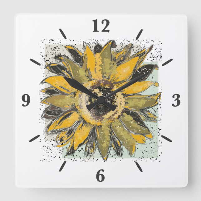 Sunflower Yellow Green Black Watercolor Style Art Quadratische Wanduhr (Vorderseite)