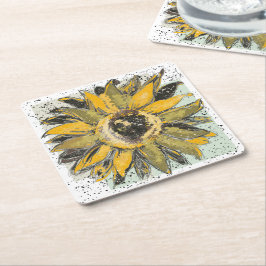 Sunflower Yellow Green Black Watercolor Style Art Rechteckiger Pappuntersetzer
