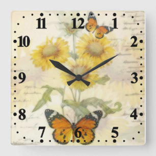 Sunflowers and butterfly quadratische wanduhr