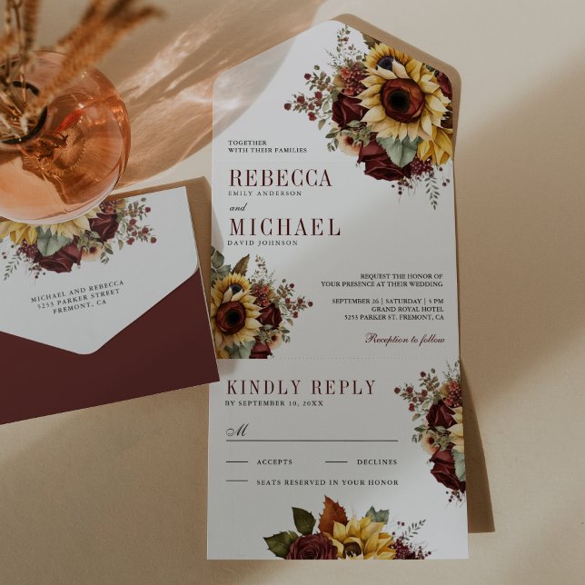  Sunflowers Burgundy Floral Wedding All In One Einladung (Von Creator hochgeladen)