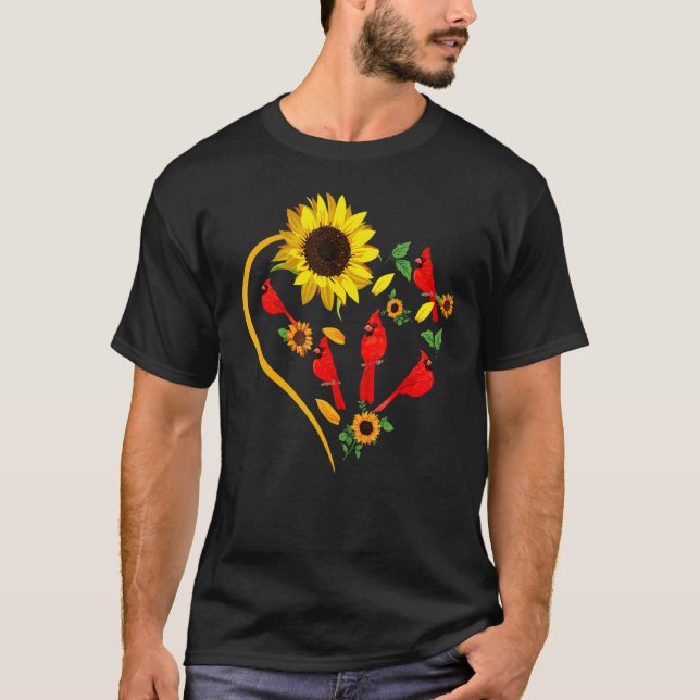 Sunflowers Cardinal Birds Cute Heart Shape Funny B T-Shirt (Vorderseite)