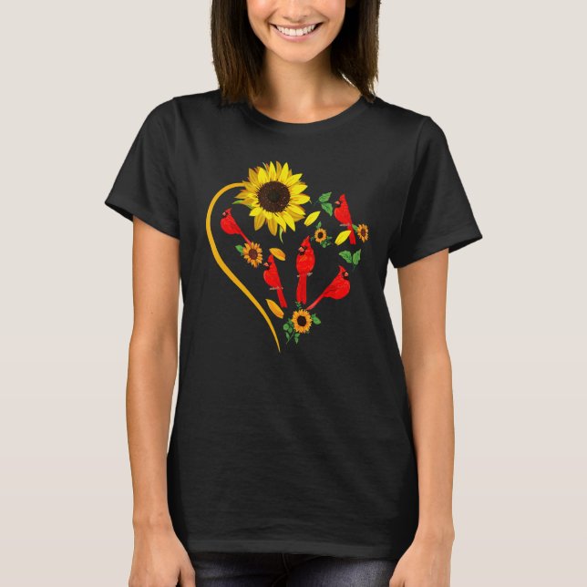Sunflowers Cardinal Birds Cute Heart Shape Funny B T-Shirt (Vorderseite)