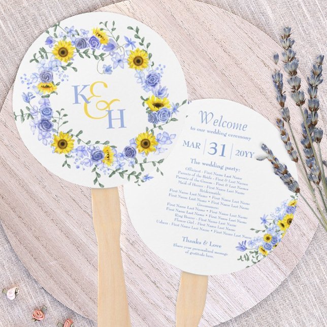 Sunflowers Dusty Blue Roses Wedding Wreath Fächer (sunflower dusty blue wedding hand fans, sunflowers light blue roses paper fans favors)