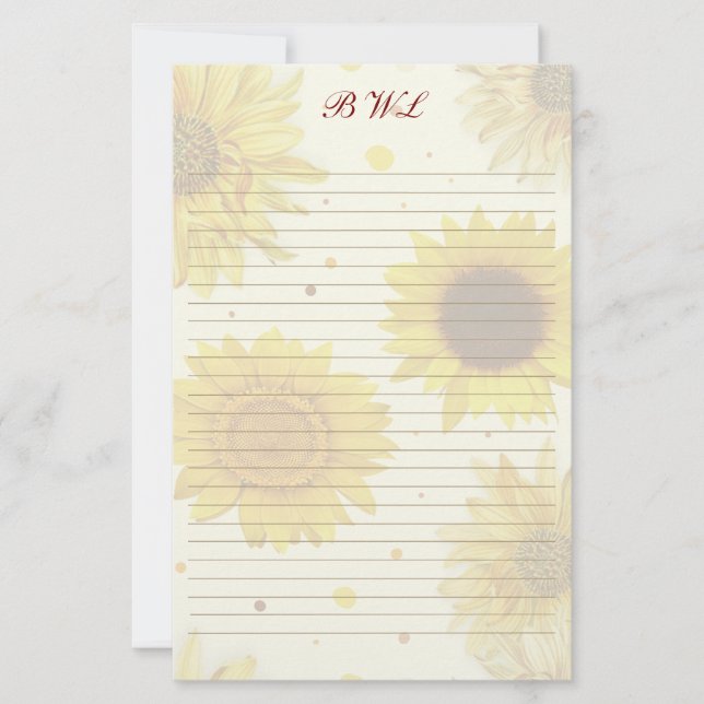 Sunflowers Lined Monogram Writing Paper Briefpapier (Vorderseite)