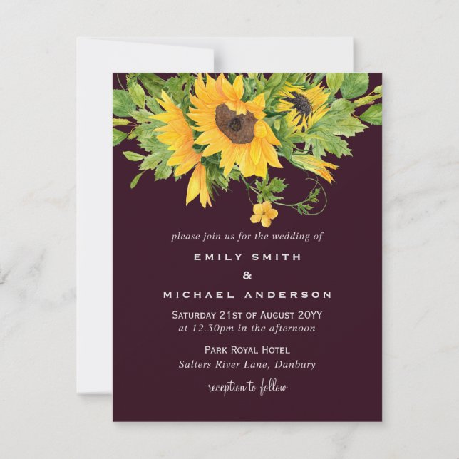 Sunflowers Maroon Yellow Wedding Einladungen (Vorderseite)