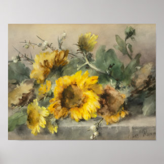Sunflowers on a Stone Ledge by Roosenboom Print Poster