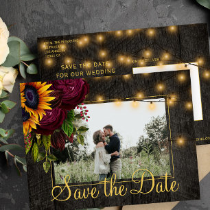 Sunflowers Roses Wood Save the Date Wedding Ankündigungspostkarte