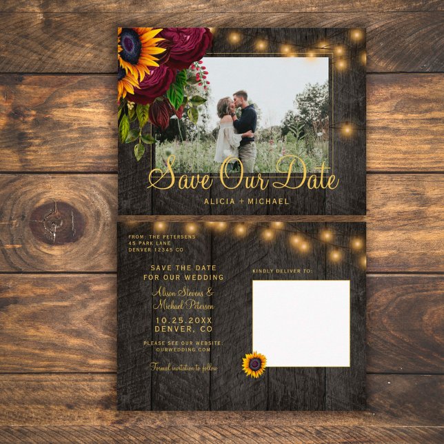 Sunflowers Roses Wood Save the Date Wedding Ankündigungspostkarte (Von Creator hochgeladen)