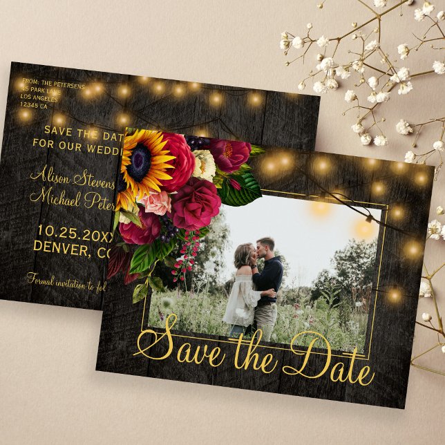 Sunflowers Roses Wood Save the Date Wedding Ankündigungspostkarte (Von Creator hochgeladen)