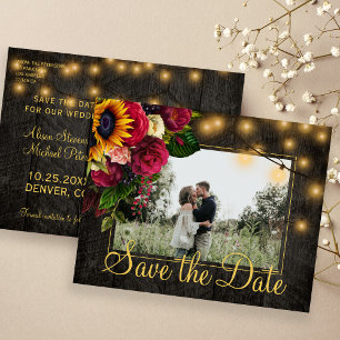 Sunflowers Roses Wood Save the Date Wedding Ankündigungspostkarte
