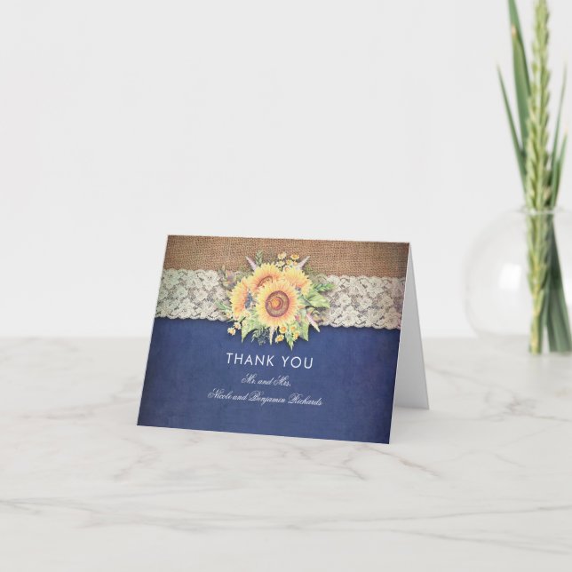 Sunflowers Rustic Navy Hochzeit Vielen Dank Dankeskarte (Vorderseite)