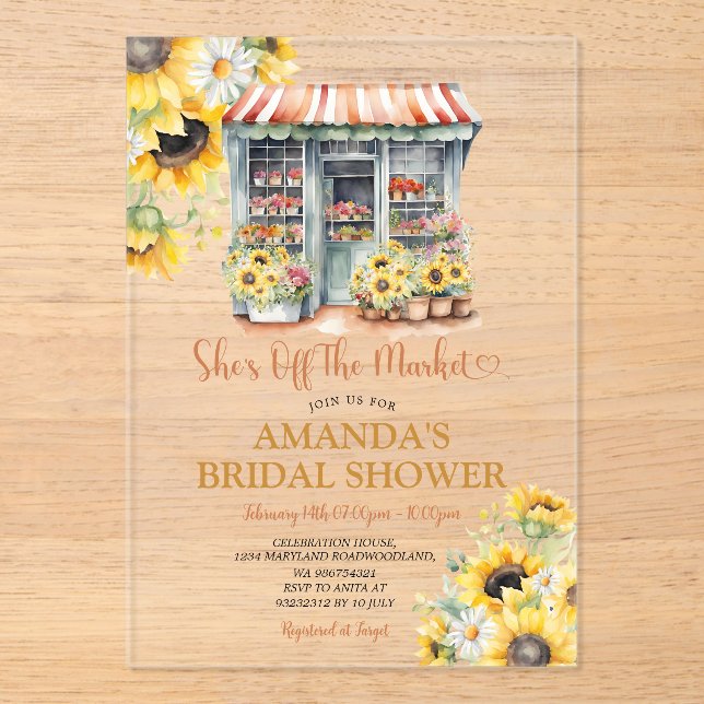 Sunflowers She's Off The Market Bridal Shower Acryleinladungen (Vorderseite)