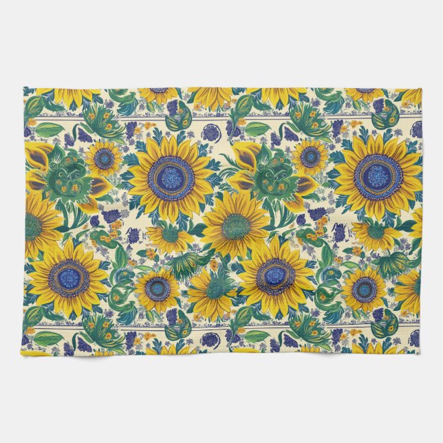 Sunflowers. Ukrainian Petrikivka folk art pattern. Geschirrtuch (Horizontal)