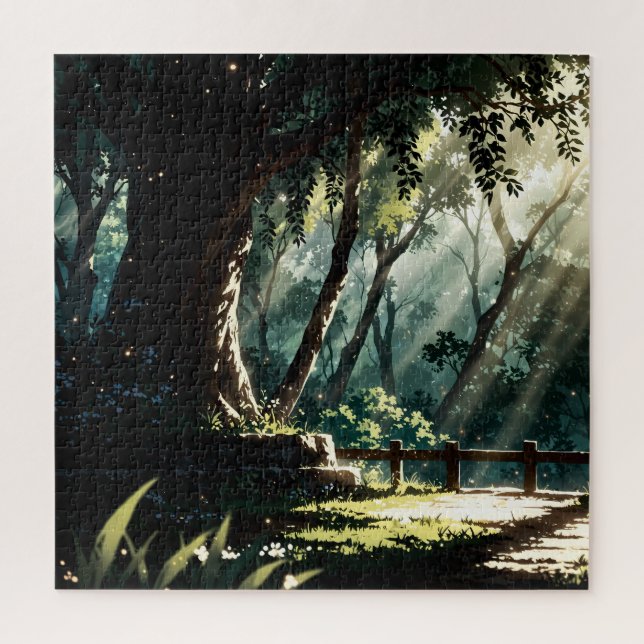 Sunlit anime forest glade puzzle (Vertikal)